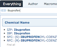 The example shows the auto-complete suggestions for stereoisomers when searching Ibuprofen.