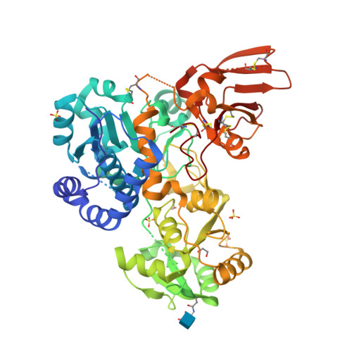 Rcsb Pdb 6yjs Crystal Structure Of Mgat5 Alpha 1 6 Mannosylglycoprotein 6 Beta N Acetylglucosaminyltransferase V Luminal Domain With A Lys329 Ile345 Loop Truncation In Complex With Biantennary Pentasaccharide M592