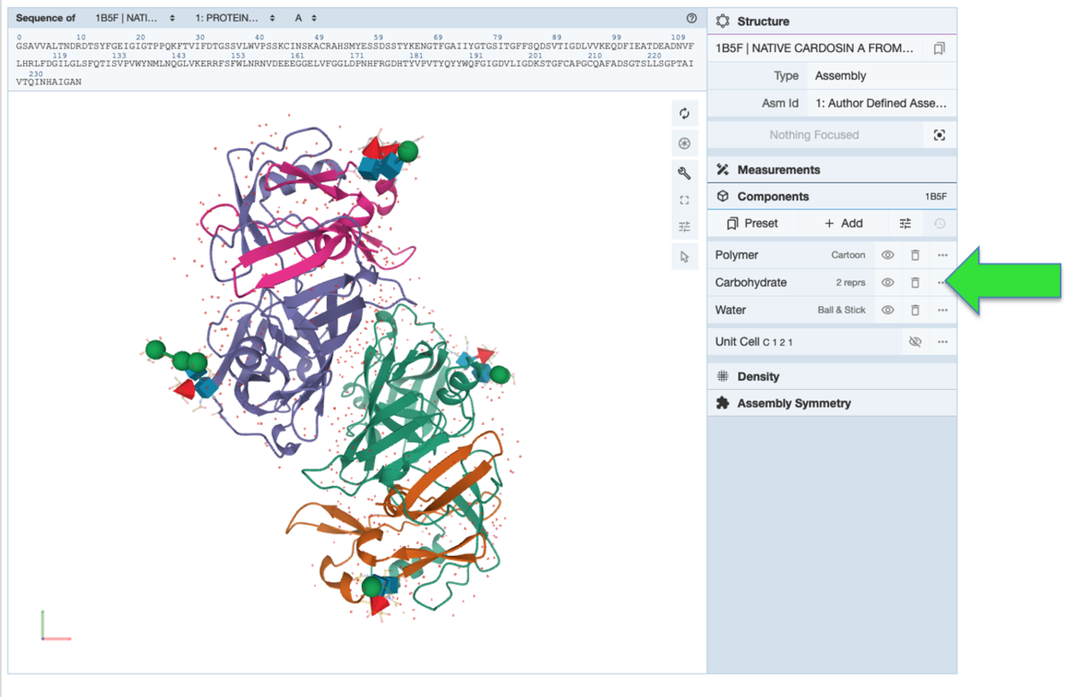 <a href="/3d-view/1b5f">Mol* 3D view with oligosaccharides shown using same color scheme as 2D SNFG diagram</a>