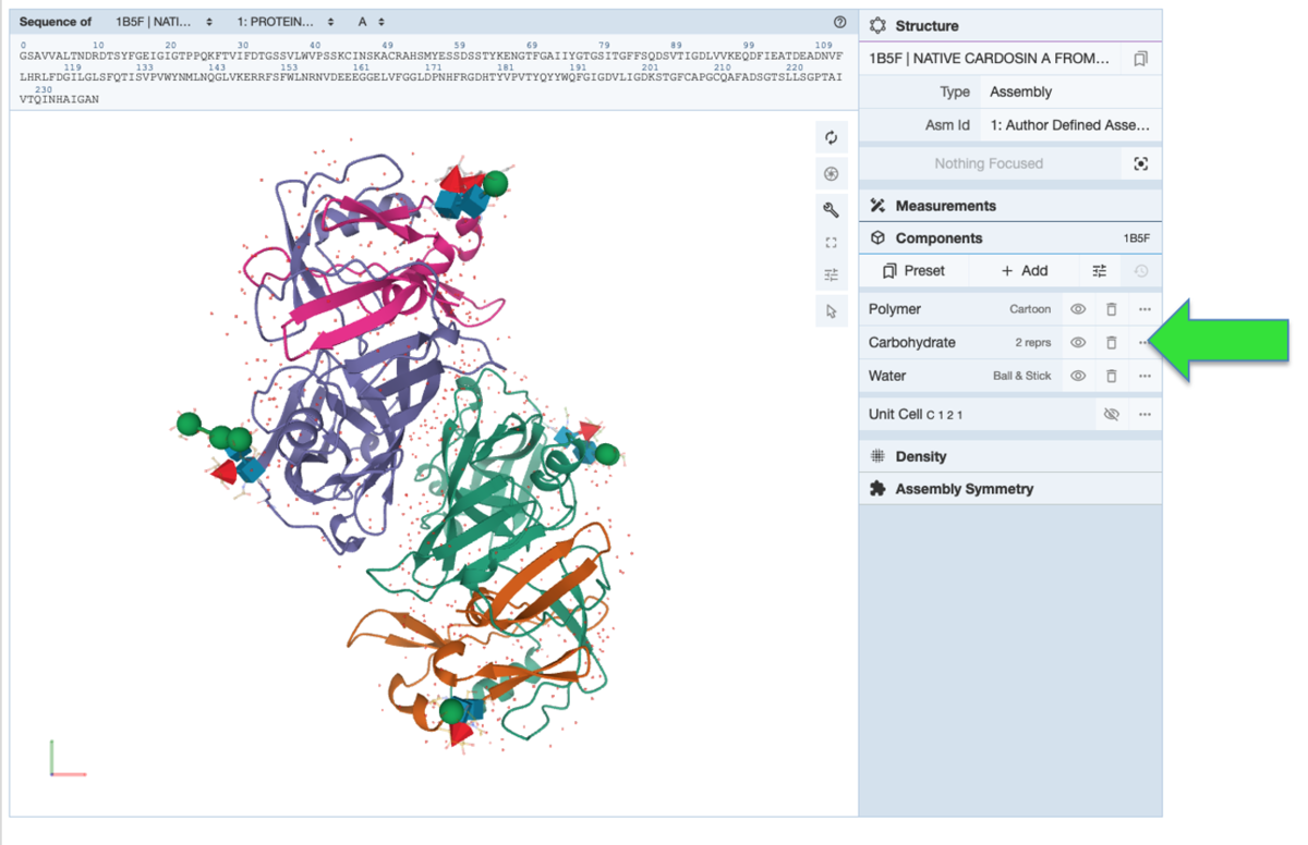 <a href="https://www.rcsb.org/3d-view/1b5f">Mol* 3D view with oligosaccharides shown using same color scheme as 2D SNFG diagram</a>