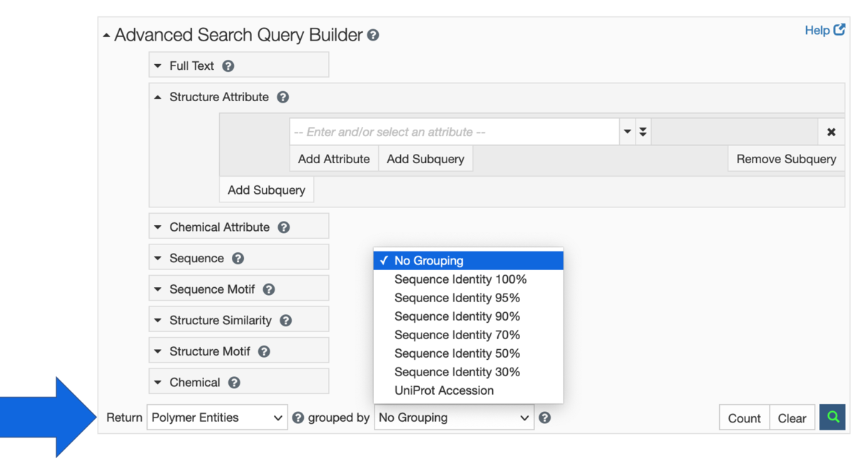 <a href="/search/advanced/">Access this feature of the Advanced Search Query Builder</a>. The arrow indicates where the user can toggle between options for grouping search results for <I>Entities</I> (sequence identity, UniProt ID) or for <I>Structures</I> (similar depositions grouped together).