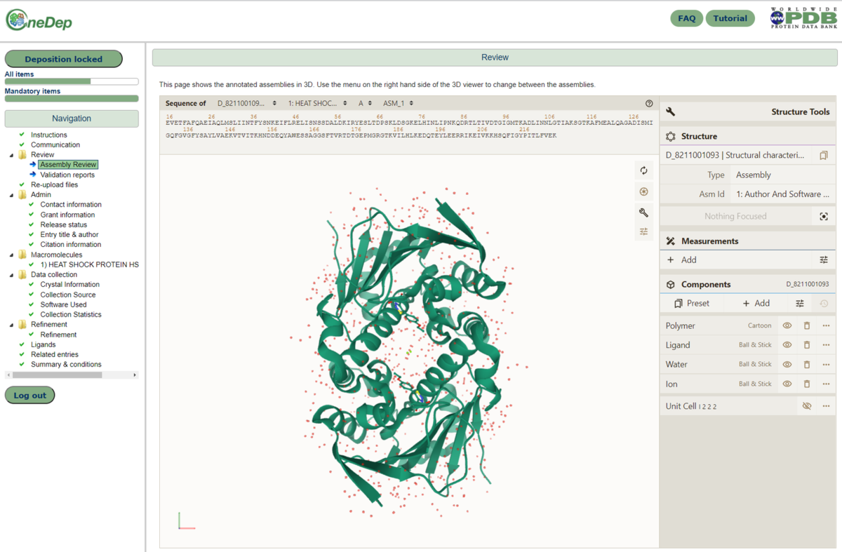 The assembly review page, as displayed for depositors after curation of the entry. The curated assembly is displayed in the Mol* 3D viewer, within the browser.