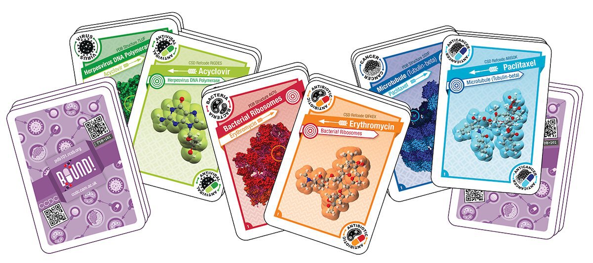 The Bound! card deck features 15 unique pairs of drugs and proteins with which they interact. There are six different card types that encompass three varieties of target-drug pairing: Cancer to Anticancer, Bacteria to Antibiotic, and Virus to Antiviral.
