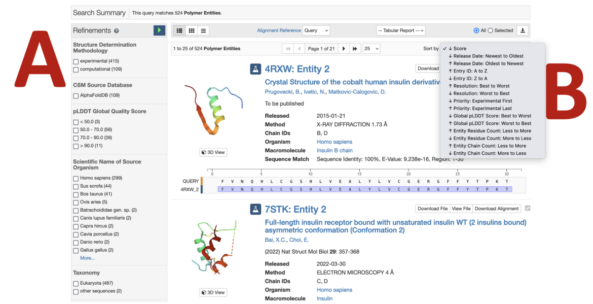 <I>Search Results including PDB experimental structures and CSMs.  <BR>
A) Use the Refinements panel on the left to limit the results based on characteristics including Structure Determination Method and Source Organism.  <BR>
B) Results can be sorted using the pulldown feature on the right.</I>