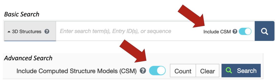 <I>Turn the slider button to cyan to include CSMs when using the Basic Search available at the top of every RCSB.org page or Advanced Search.</I>