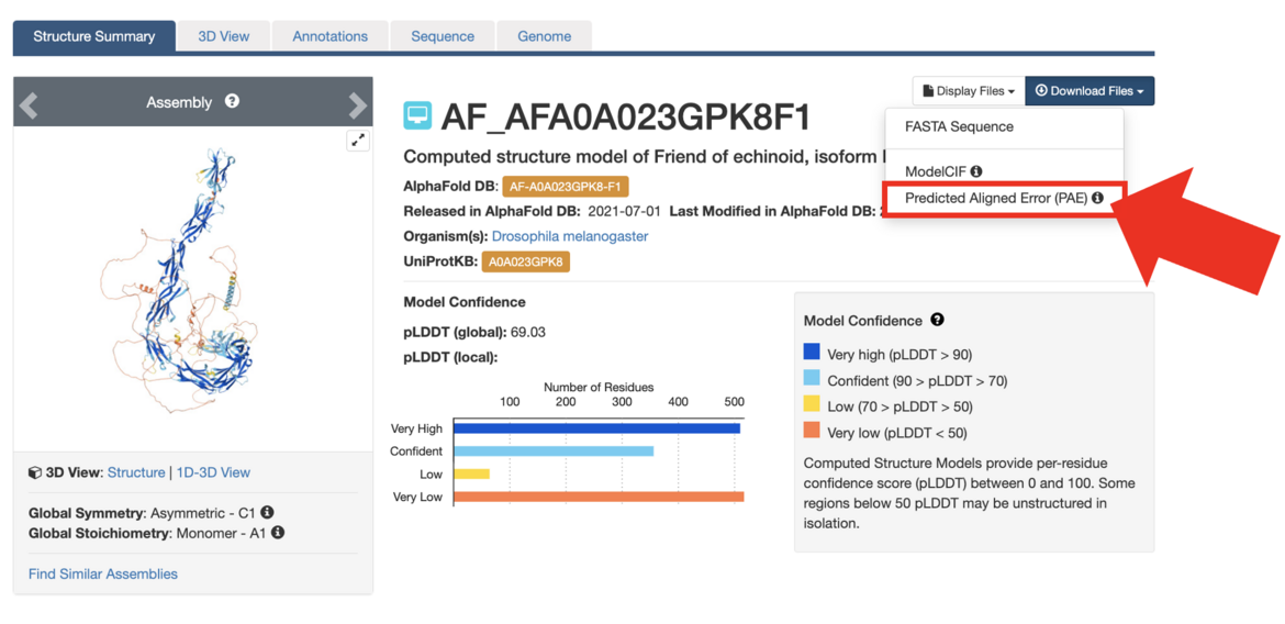 <I>Structure Summary Page for a CSM from AlphaFold with the download PAE option highlighted by an arrow.</I>