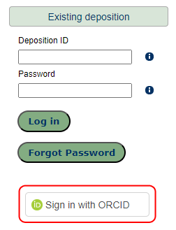 <I>ORCiD login button at in OneDep circled in red</I>