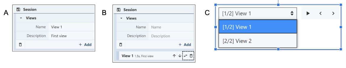 Figure 21: Options to A. create, B. delete and C. view sessions. 