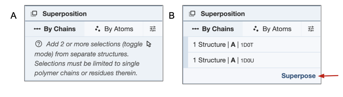 Figure 23: A. Select option for Superposition by Chain; B. Select polymer chains for superposition and then click on Superpose.