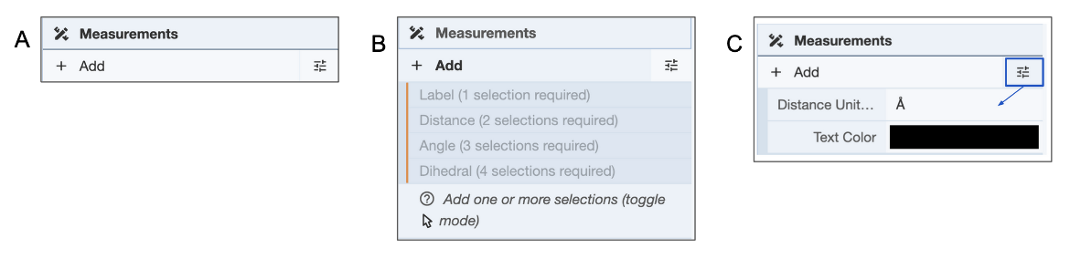 Figure 4: Measurement panel options - A. Click on the + Add to view options (shown in B.); Click on the options icon next to the + Add button to specify text color etc.