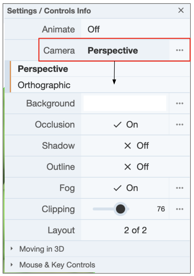 Figure 5: Options to change the Camera View (Perspective vs Orthographic)