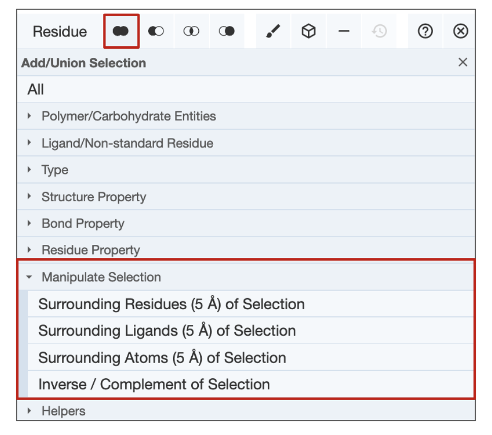 图1：选择邻近的残基、原子、配体等的选项。 
