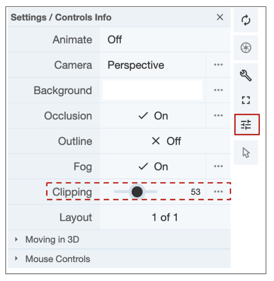 Figure 7: Options to adjust thickness of the section being viewed by changing clipping planes. Options appear after clicking on the options icon (red box with solid lines).