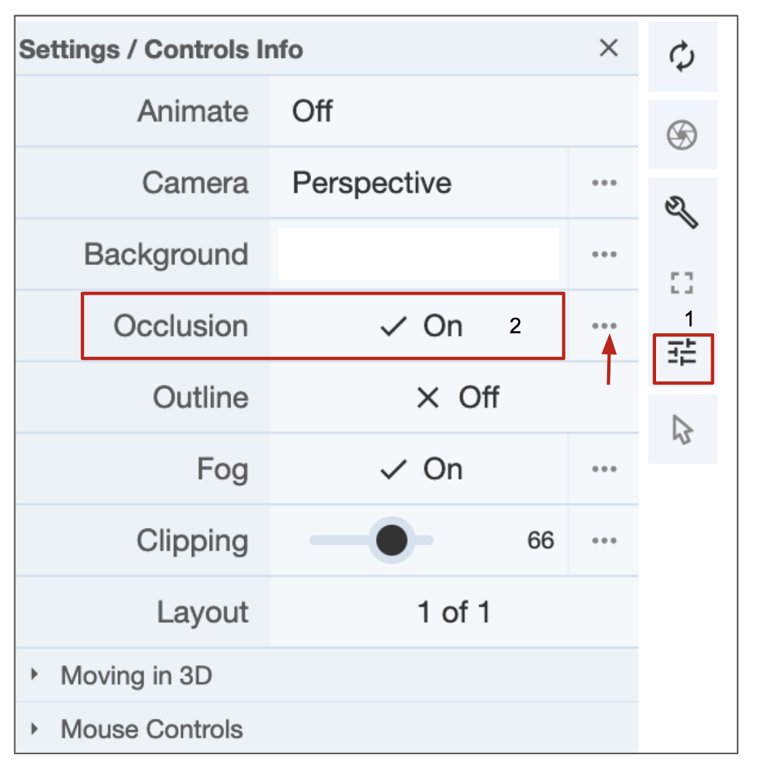 Figure 8: Options to adjust light and shade on the object shown in Mol*. 1. Click on the 