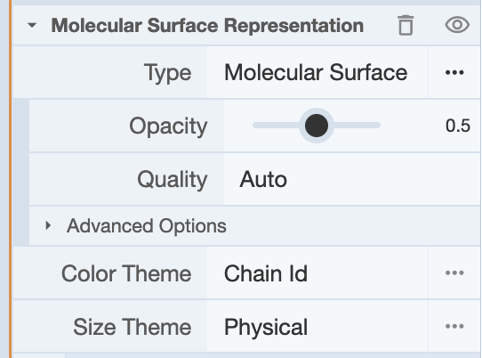 Options to change transparency of the selected object (e.g., Molecular Surface)