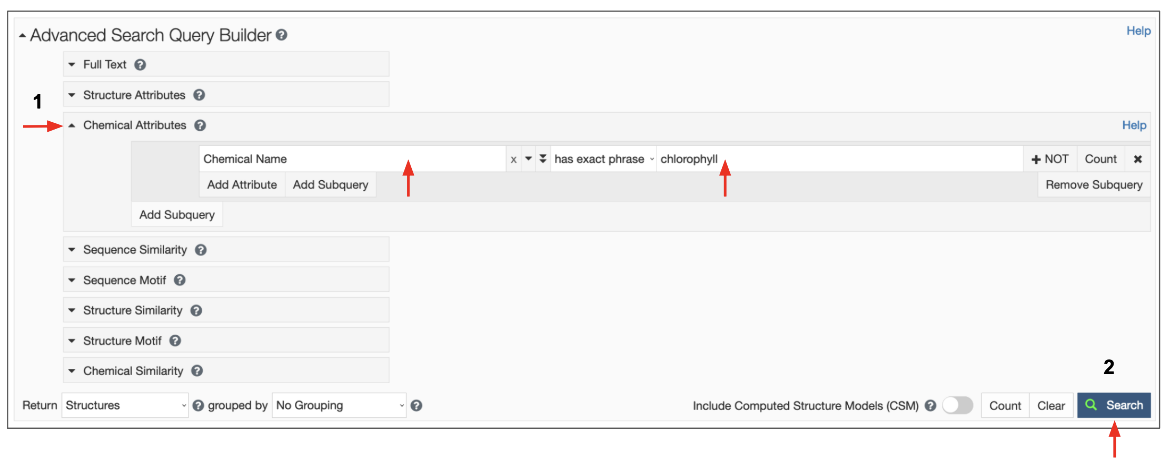 Figure 5: Advanced Search Query Builder options to search for structures with chlorophyll molecules. 
