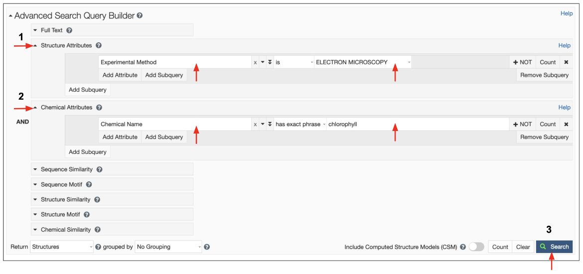 Figure 7: Advanced Search Query Builder options to search for electron microscopy structures with chlorophyll molecules. 