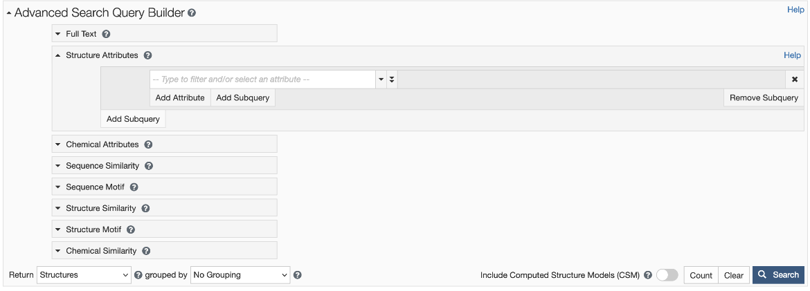 Figure 2: Default view of Attribute search options from the Advanced Search Query Builder.