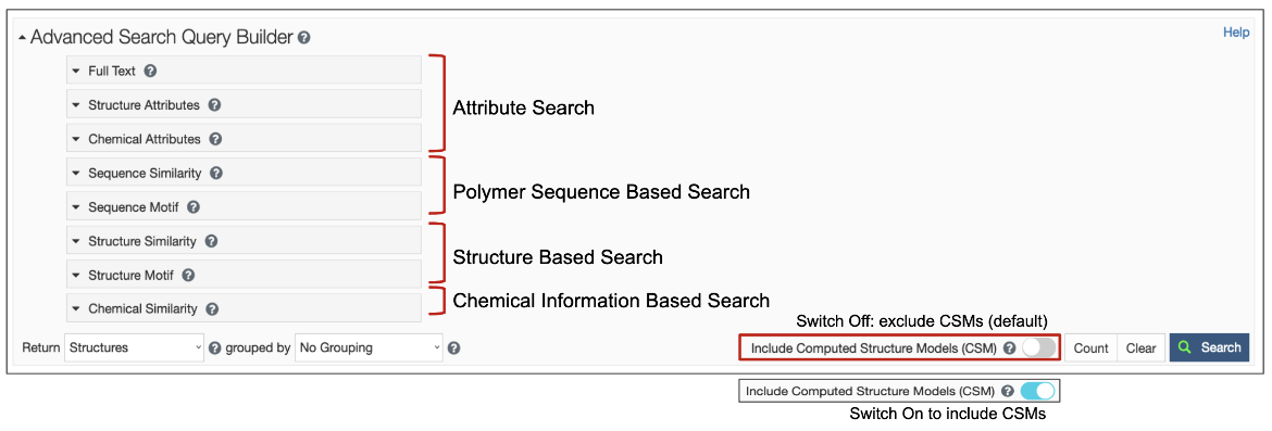 Figure 2: Types of Advanced Search options available from the Query builder. The option to include or exclude CSMs is also available via the cyan colored toggle switch.
