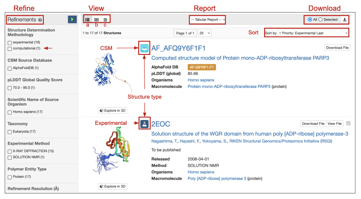 Figure 4: Part of the Search Results page showing a list of structures with icons indicating if they are experimental structures or CSMs.