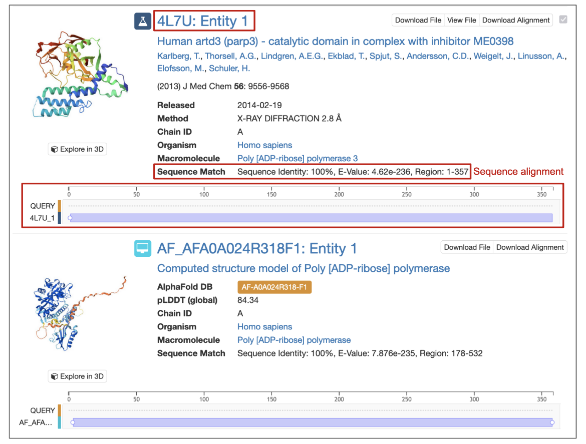 Figure 5: Search result when the polymer return type is selected, showing sequence alignment and related details. 