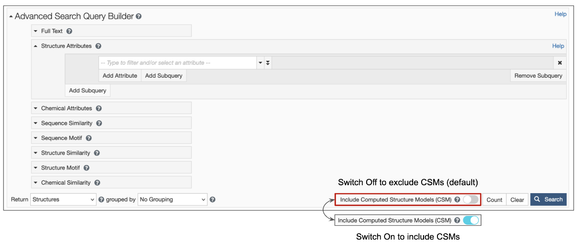 Figure 1: Advanced Search Query Builder options. Toggle switch on to include CSMs is shown in a red outlined box. 