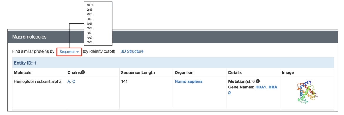 Figure 3: Options for launching a sequence similarity search from the structure summary page of a specific 3D structure. 