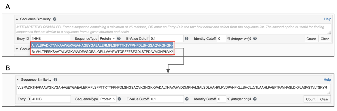 Figure 2: Options for sequence similarity search from the Advanced Search Query Builder - A. input structure ID and select polymer chain of interest; B. the selected polymer chain sequence is populated in the Sequence similarity search box. 