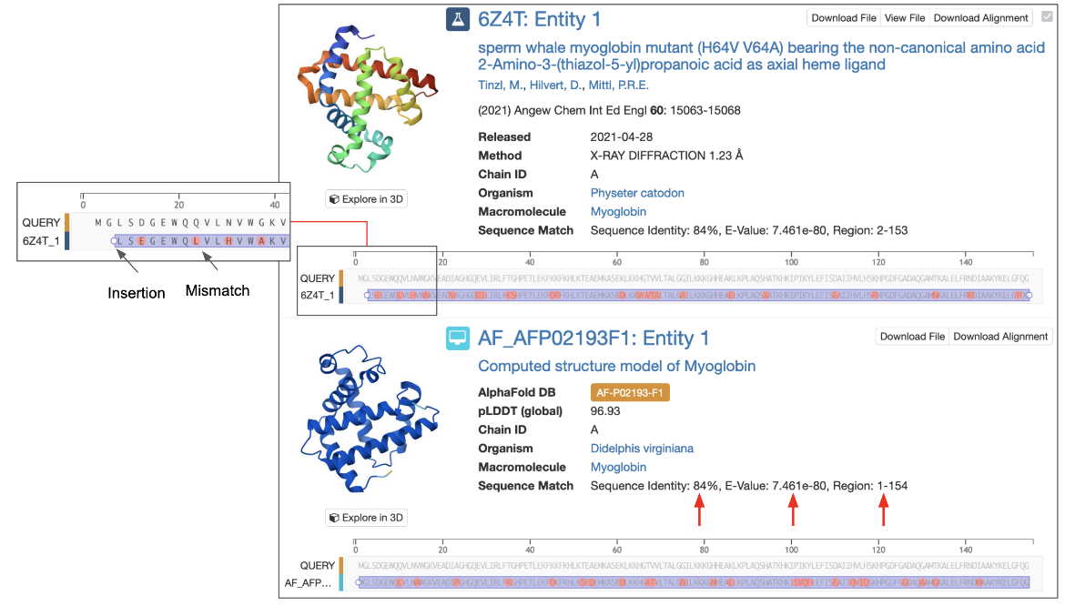 Figure 6: Part of a sequence similarity search results page showing an experimental structure and a CSM that matched the query. The inset shows a zoomed in view of the sequence alignment including an insertion and several mismatches. Sequence similarity measures are highlighted with red arrows. 