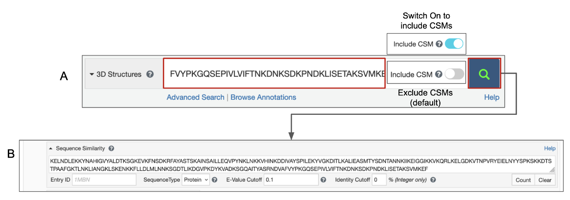 Figure 1: Options for sequence similarity search from the Top bar search box - A. paste FASTA sequence; B. the query sequence is transfered to the Sequence Similarity search options in the Advanced Search Query Builder to run the search. Note: Turn on the toggle switch to Include CSMs.
