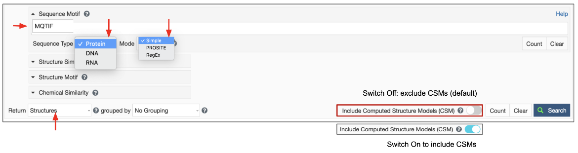 图1：指定不同格式的蛋白质、DNA或RNA序列的序列模体搜索，并查找与查询匹配的聚合物实体的界面。如果合适，打开切换开关以在搜索中包含CSM。 