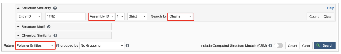 Figure 14: Advanced Search Query Builder options to launch a search for a single chain that matches an assembly in PDB entry 1trz.