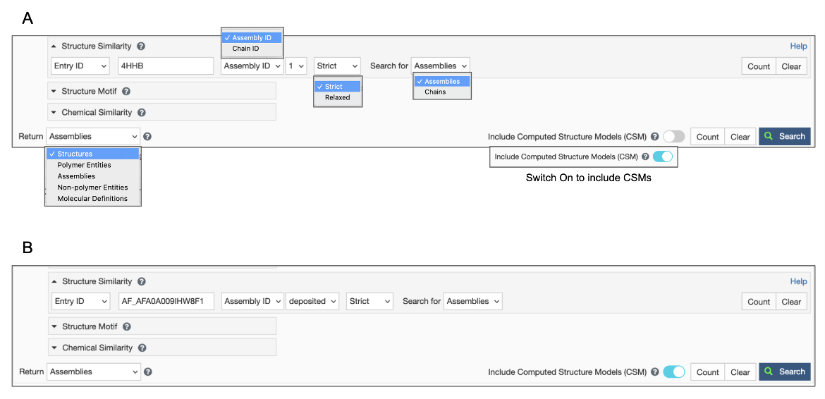 图2：指定结构相似性搜索的选项-a.使用PDB ID和程序集ID并决定是否包含或排除CSM；B.使用RCSB.org分配的CSM ID，打开Include CSM toggle switch。在这两种情况下，在启动搜索之前，将结果Return类型指定为Assemblies。