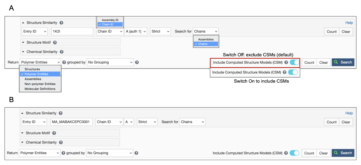Figure 3: Options to specify a Structure Similarity Search - A. using a PDB ID and chain ID and deciding whether to include or exclude CSMs; B. using an RCSB.org assigned CSM ID, turn on Include CSM toggle switch. In both cases specify the results Return type to be Polymer Entities, before launching the search.