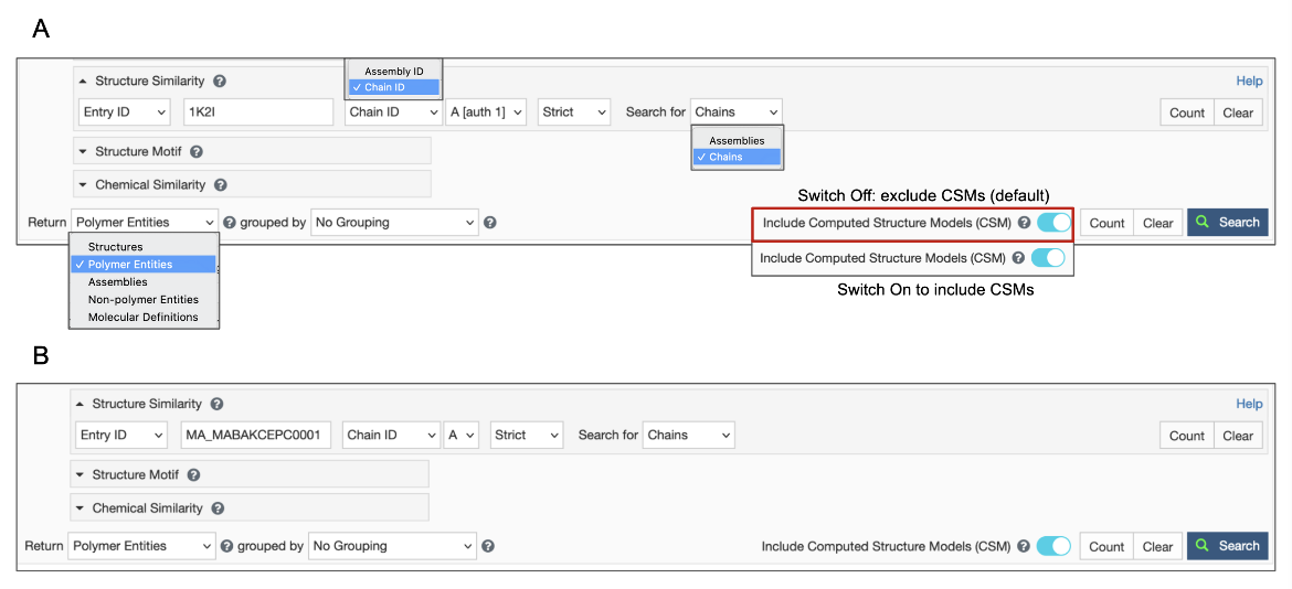 图3：指定结构相似性搜索的选项-a.使用PDB ID和链ID并决定是否包含或排除CSM；B.使用RCSB.org分配的CSM ID，打开Include CSM toggle switch。在这两种情况下，在启动搜索之前，将结果Return类型指定为Polymer Entities。