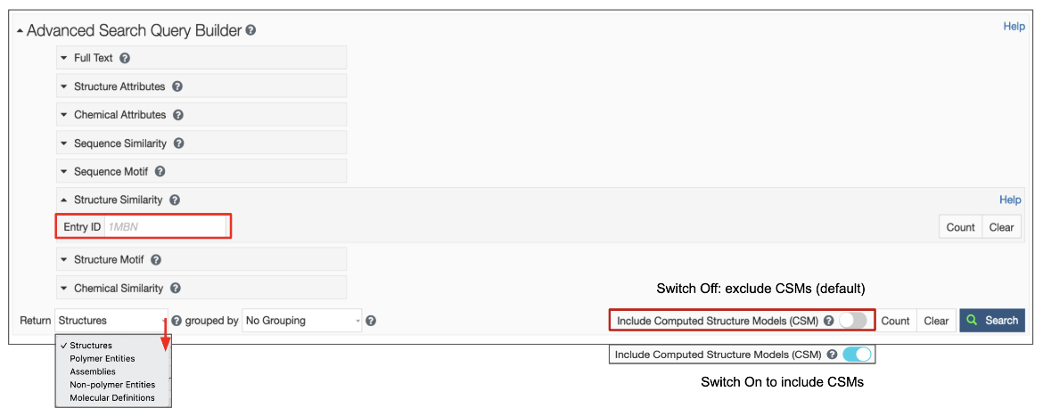 Figure 1: Options for launching a Structure Similarity search from the Advanced Search Query builder. 