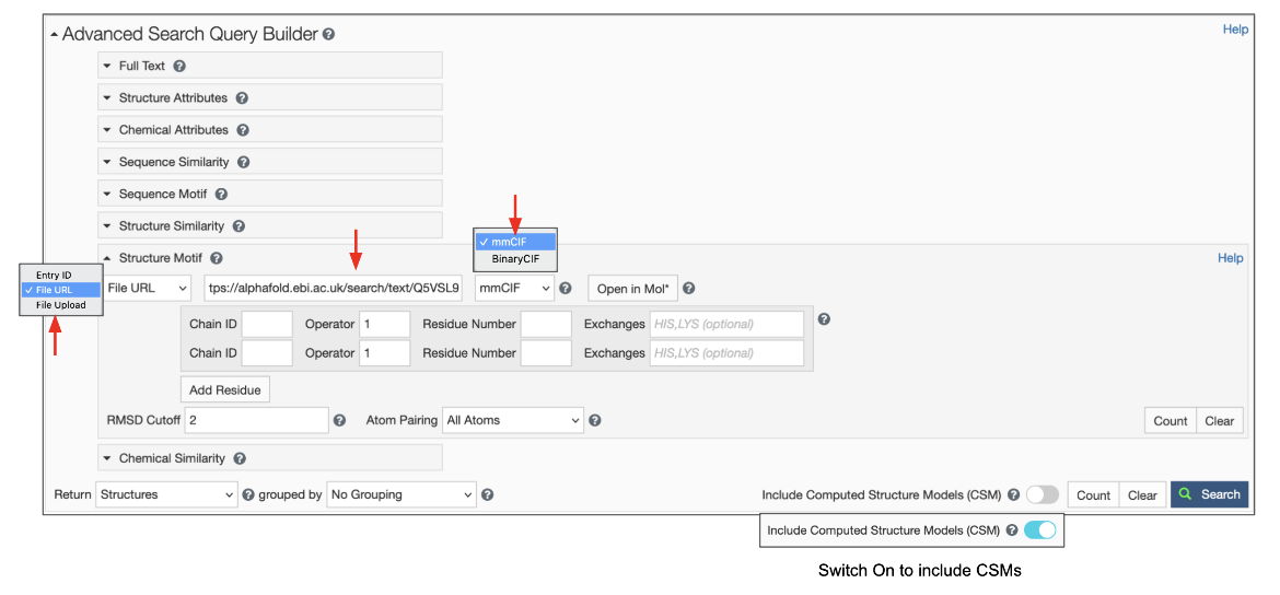 图6：Advanced Search面板显示了Structure Motif搜索面板，用于使用file Link选项上载文件。 