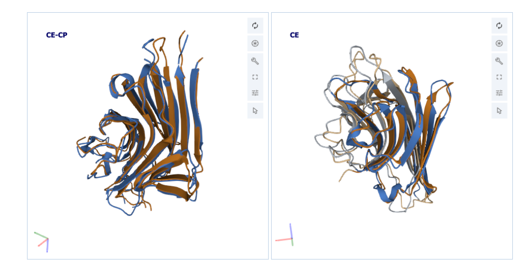 Structure alignment of Concanavalin A (3CNA.A, in orange) and peanut lectin (2PEL.A, in blue) proteins using jCE-CP (left) and jCP (right)

Brightly colored regions (blue and orange) show alignment, while the lighter shades of the same color are not aligned.  