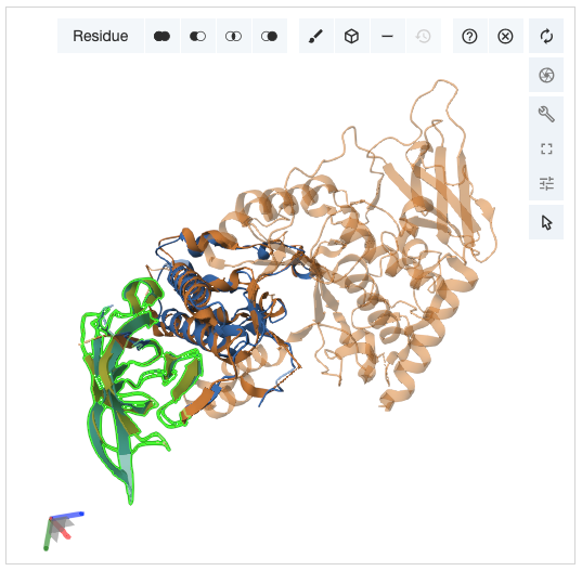 Figure 16: Alignment of human glycogen branching enzyme (GBE1) structure from PDB (in orange) and MGYP003603436052 structure from ESM Metagenomic Atlas (in blue) which share Alpha-amylase_C domain (highlighted in green)
