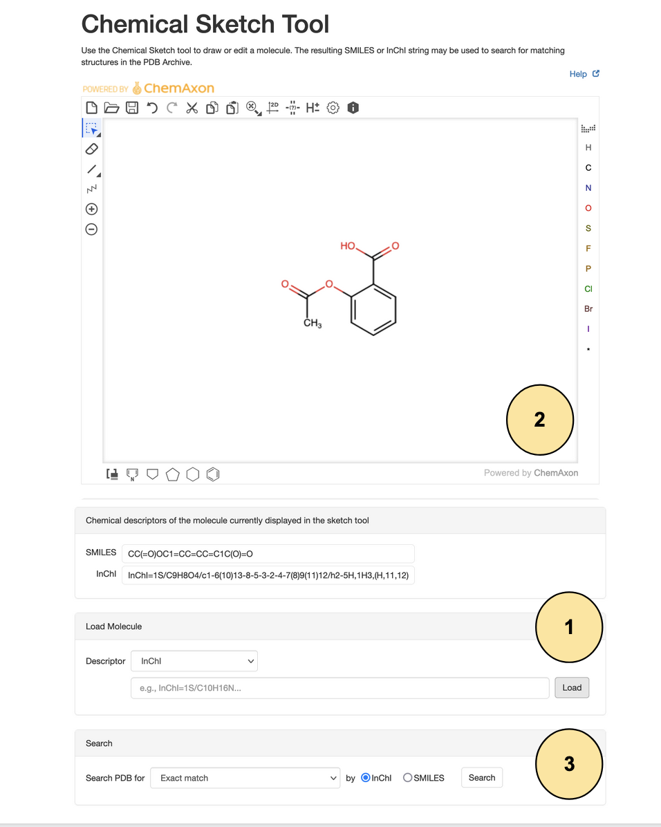The Chemical Sketch Tool interface showing the order of steps to perform a search - (1) Load and (2) render the chemical drawing of InChI=1S/C9H8O4/c1-6(10)13-8-5-3-2-4-7(8)9(11)12/h2-5H,1H3,(H,11,12) and (3) run a chemical search
