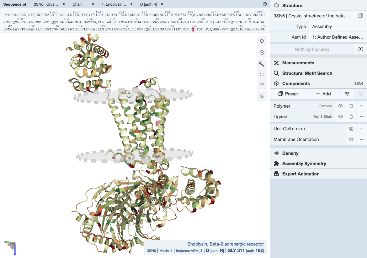 Predicted membrane position in the selected assembly of the PDB entry is shown by two transparent circular plane segments. The amino acids are colored by their hydrophobicity value. Hovering over individual residues reports the computed accessible surface area value in the bottom right corner. Click the ‘Membrane Orientation’ component to focus or hide the membrane visuals. Visual parameters can be changed. 