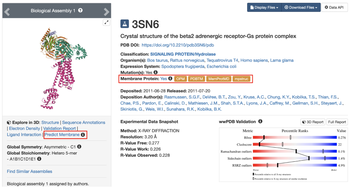 图1:PDB ID 3sn6的Structure Summary页面的标题，在红色框中显示了更多有关此结构中膜注释关联的学习选项。 