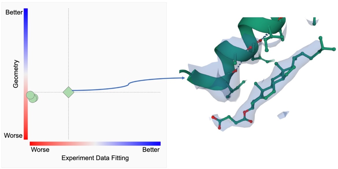 RCSB PDB ligand quality plot. The 2D graph depicted has color-coded ranking scales from worst (0%, red) to best (100%, blue) for PC1-fitting (horizontal axis) and PC1-geometry (vertical axis). Each symbol represents a ligand instance of CCD ID Y01 in PDB ID 6WJC with its horizontal location marked by PC1-fitting and its height by that of PC1-geometry. The diamond symbol indicates the best fitted instance and clicking on it brings up a 3D display of electron density focused on the ligand structure. 