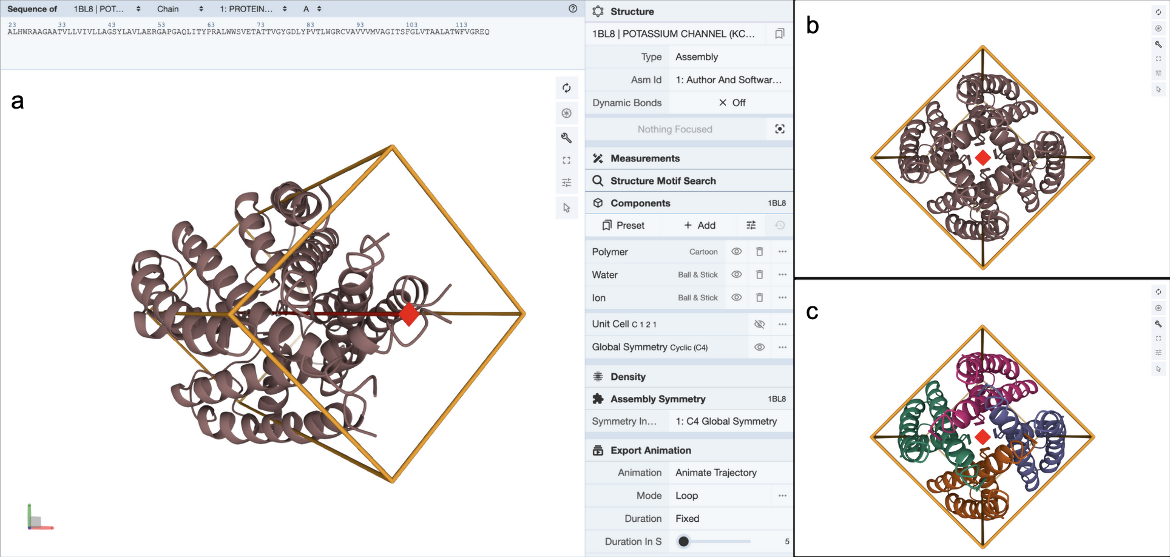 Figure 4: 3D visualization of Protein Symmetry in Mol*. a. Display Protein Symmetry by clicking on the “Assembly Symmetry” options in the control panel; b. Looking down the 4-fold global symmetric axis in the structure; c. Same view as in b. but with the protein chains colored by chain instances.
