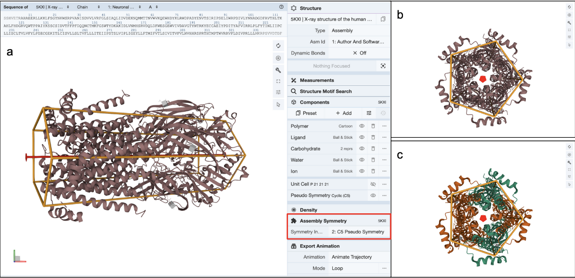 Figure 7: 3D visualization of Protein Symmetry in Mol*. a. Display Protein Symmetry by clicking on the “Assembly Symmetry” options in the control panel; b. Looking down the 5-fold pseudo symmetric axis in the structure; c. Same view as in b. but with the protein chains colored by entity type.