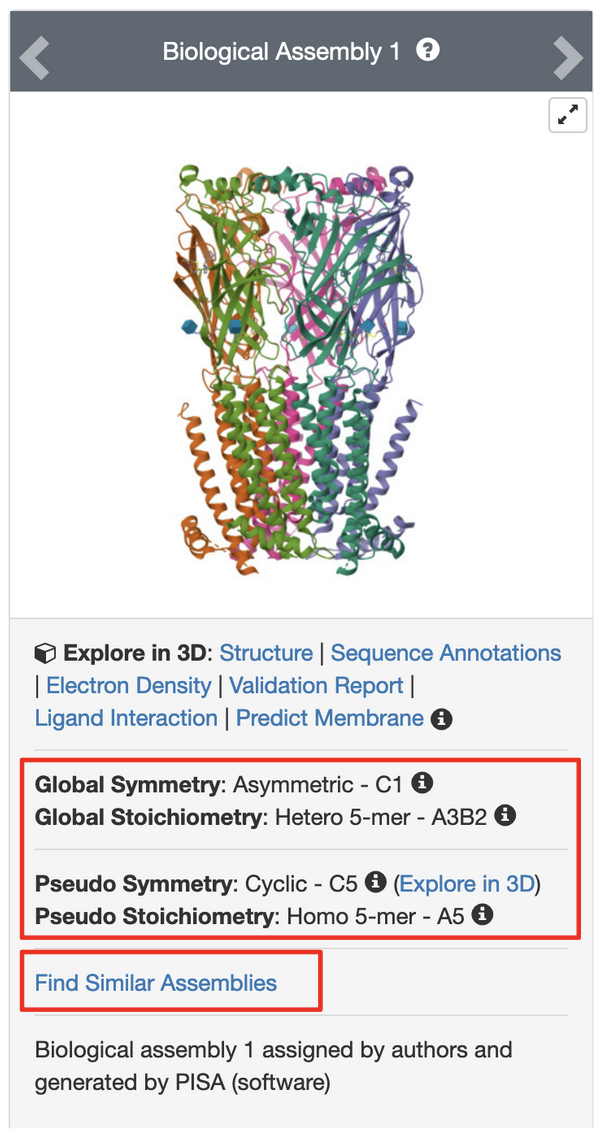 Figure 6: Protein Symmetry annotations on the Structure Summary Page.  