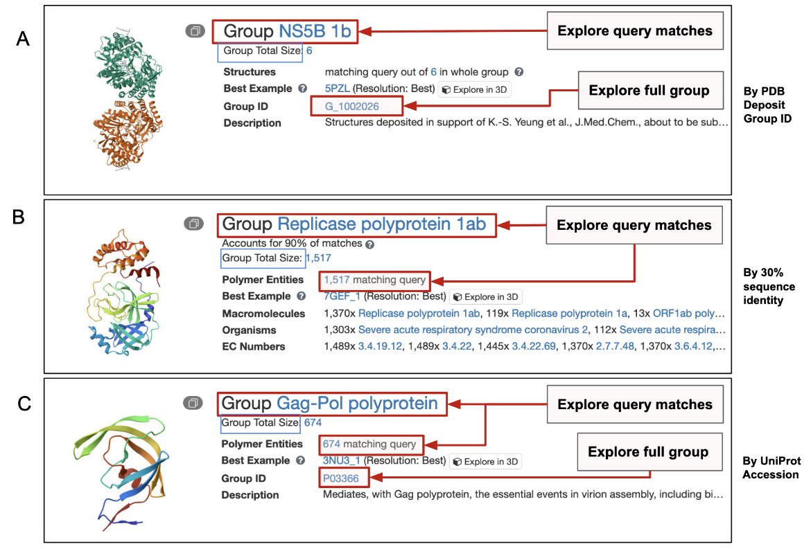 Figure 5: Group views of a search result showing grouping by (A) PDB deposit Group ID; (B) sequence identity clusters; and (C) UniProt Accession. The Group name and contents link is shown in red outlined boxes, while the Group size is shown in a blue outlined box.