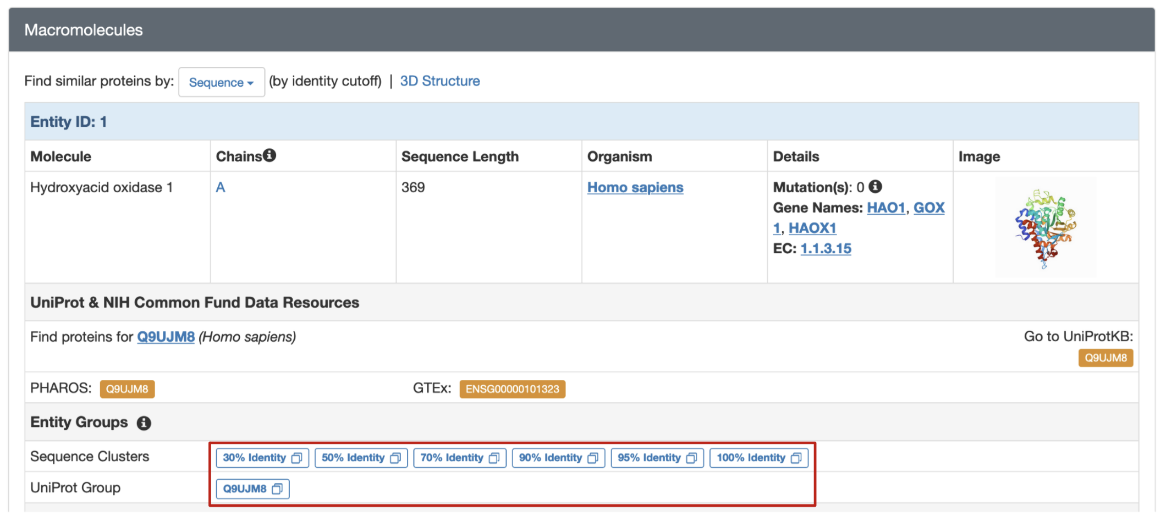 图2：在Structure Summary页面的Macromolecules部分（例如，PDB ID 5qif），单击以查看具有特定UniProt Accessions的组，以获取蛋白质大分子实体，并链接到包含特定PDB条目的预计算序列簇（例如，30%、50%、70%、90%、95%和100%）。 