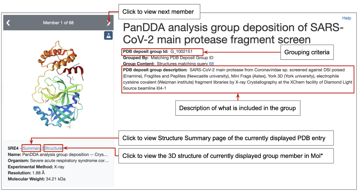 Figure 3: Top portion of the Group Summary page based on a PDB Deposition Group ID showing grouping criteria, description of what is included in the group, and links to explore group members. 