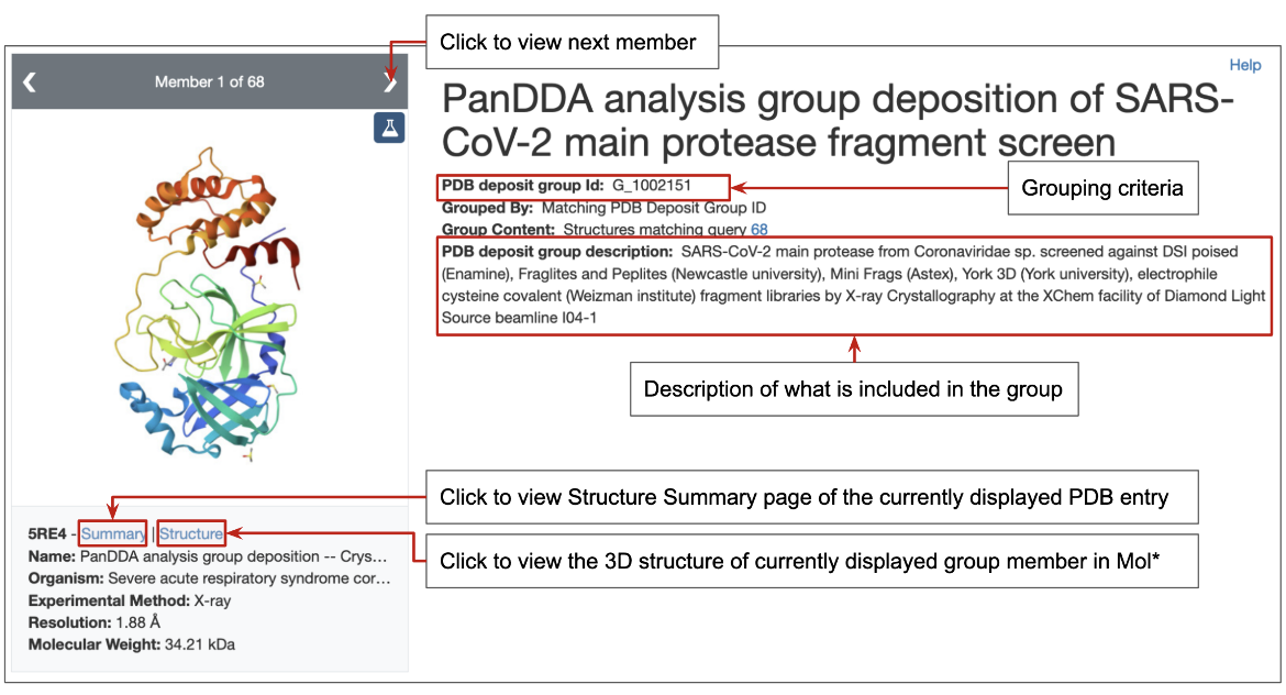 图3：基于PDB Deposition Group ID的Group Summary页面的顶部，其中显示了分组标准、组中包含的内容的描述以及探索组成员的链接。 